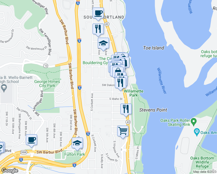 map of restaurants, bars, coffee shops, grocery stores, and more near 6228 South Hood Avenue in Portland