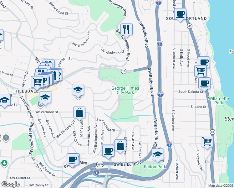 map of restaurants, bars, coffee shops, grocery stores, and more near 6307 Southwest Terwilliger Boulevard in Portland