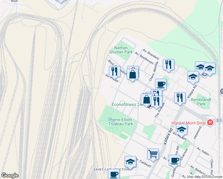 map of restaurants, bars, coffee shops, grocery stores, and more near 6767 Chemin Louis Pasteur in Montréal