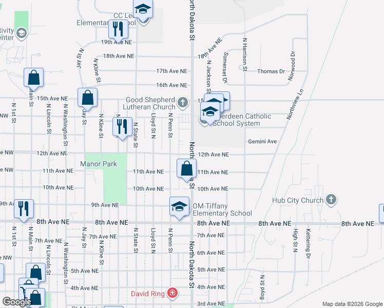 map of restaurants, bars, coffee shops, grocery stores, and more near 1201 North Dakota Street in Aberdeen