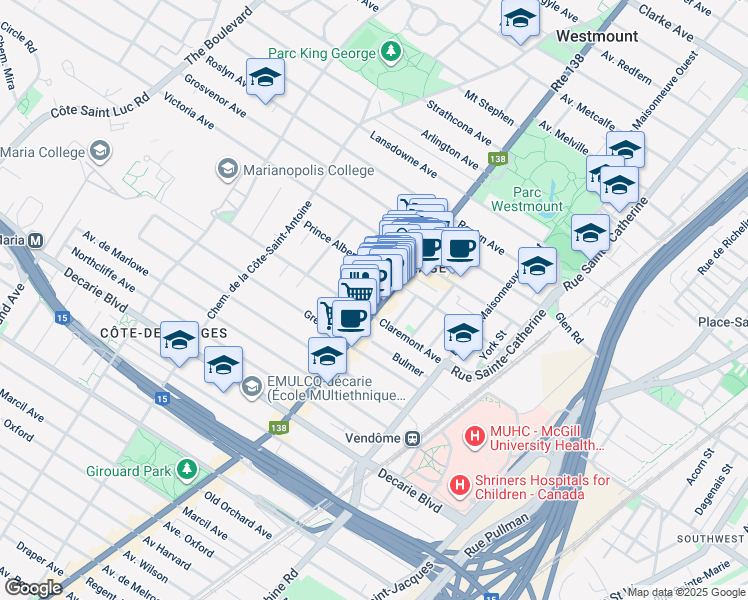 map of restaurants, bars, coffee shops, grocery stores, and more near in Westmount