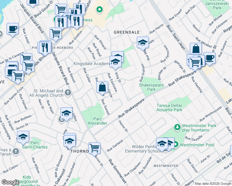 map of restaurants, bars, coffee shops, grocery stores, and more near 14824 Rue Elmwood in Montréal