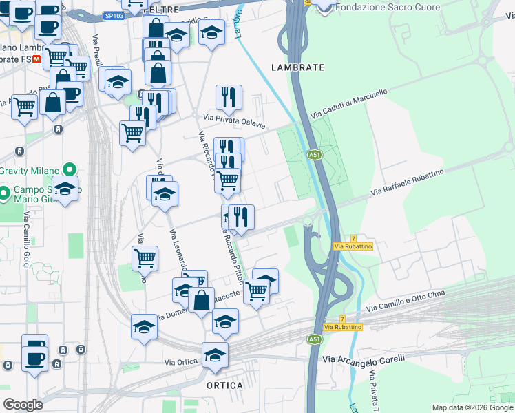 map of restaurants, bars, coffee shops, grocery stores, and more near 3 Via Caduti in Missione di Pace in Milano
