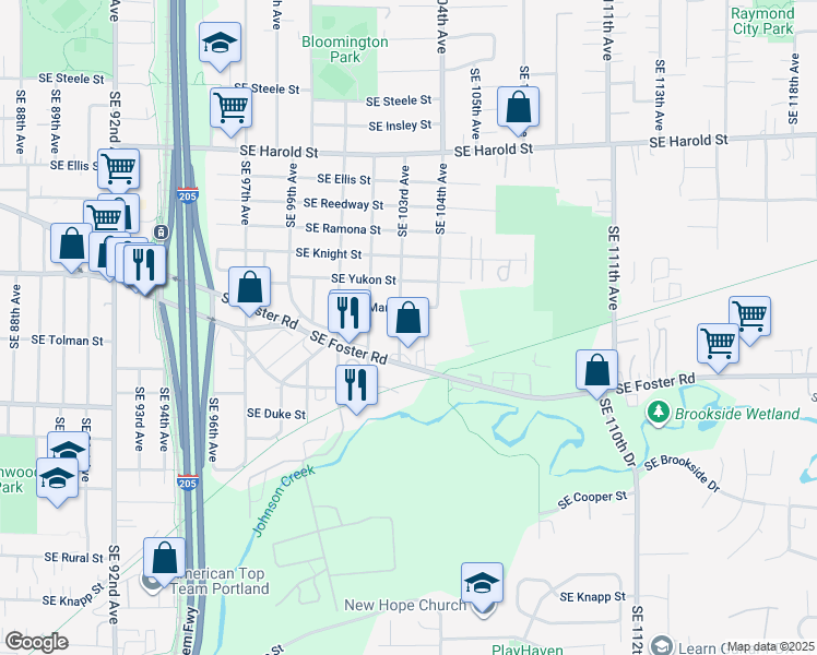 map of restaurants, bars, coffee shops, grocery stores, and more near 6033 Southeast 103rd Avenue in Portland
