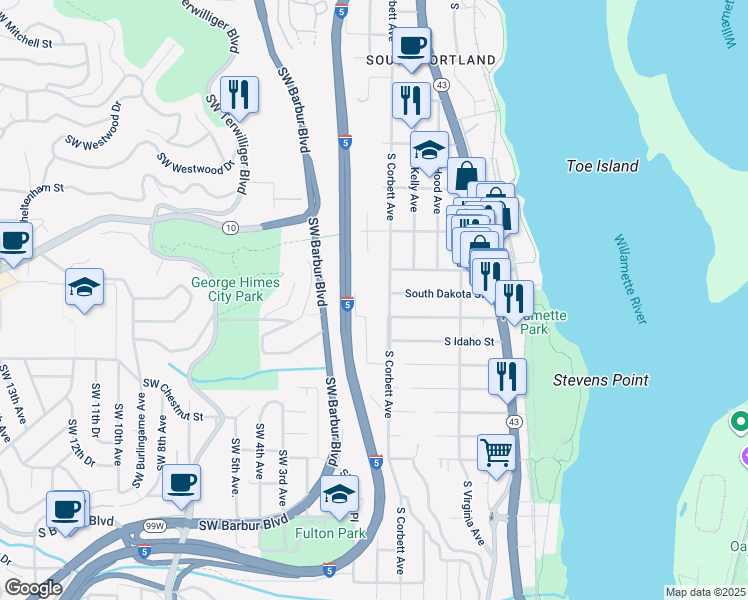 map of restaurants, bars, coffee shops, grocery stores, and more near 6303 South Corbett Avenue in Portland
