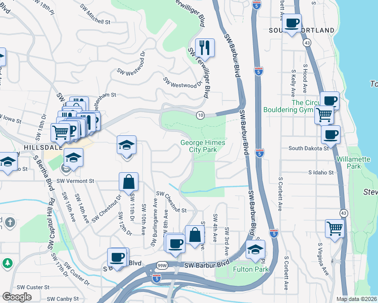 map of restaurants, bars, coffee shops, grocery stores, and more near 6307 Southwest Terwilliger Boulevard in Portland