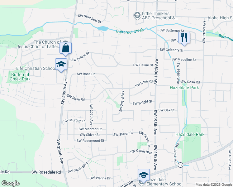 map of restaurants, bars, coffee shops, grocery stores, and more near 20410 Southwest Rosa Drive in Aloha