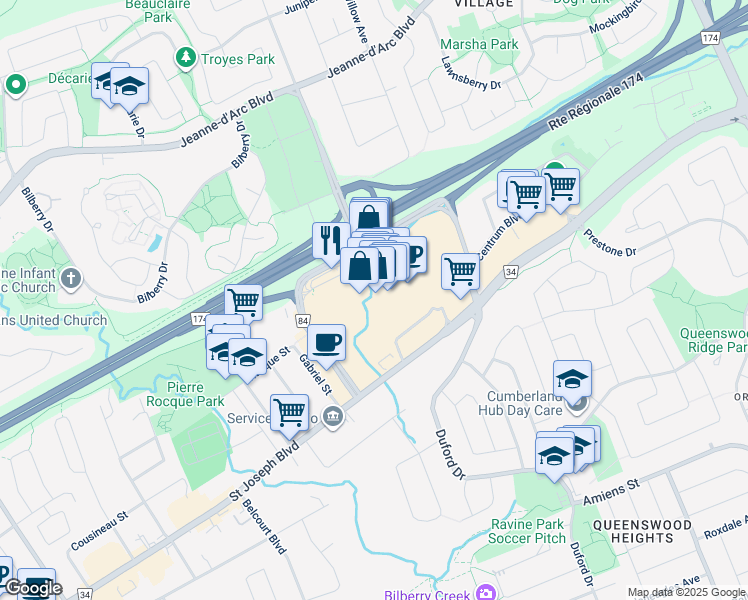 map of restaurants, bars, coffee shops, grocery stores, and more near 1315 Place d'Orléans Drive in Ottawa