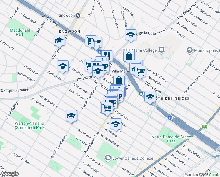 map of restaurants, bars, coffee shops, grocery stores, and more near 4393 Avenue Girouard in Montréal