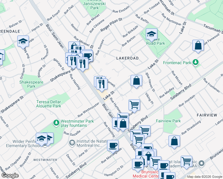 map of restaurants, bars, coffee shops, grocery stores, and more near 50 Rue Barnett in Dollard-des-Ormeaux