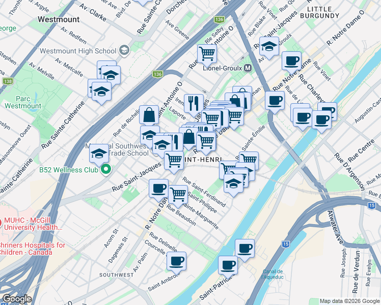 map of restaurants, bars, coffee shops, grocery stores, and more near 4013 Rue Notre-Dame Ouest in Montréal