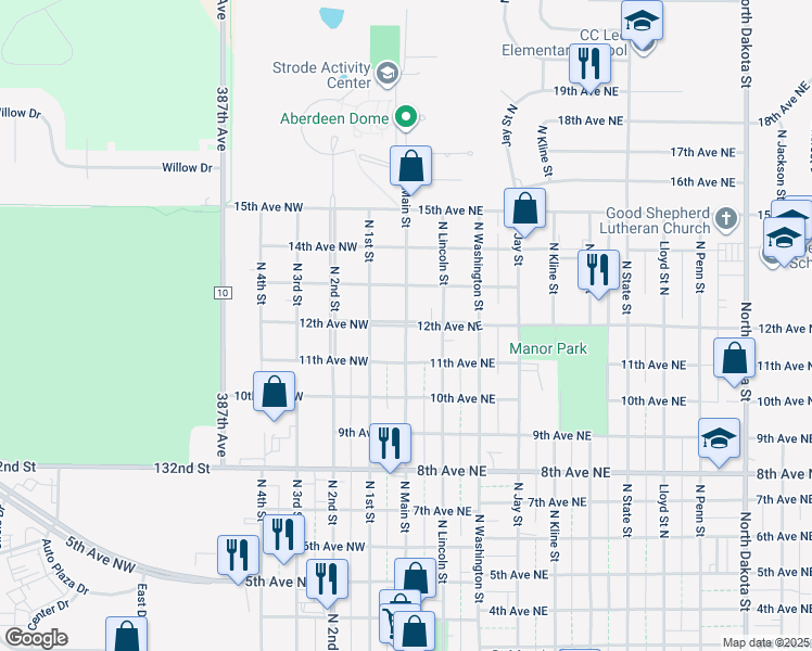 map of restaurants, bars, coffee shops, grocery stores, and more near 1201 North Main Street in Aberdeen