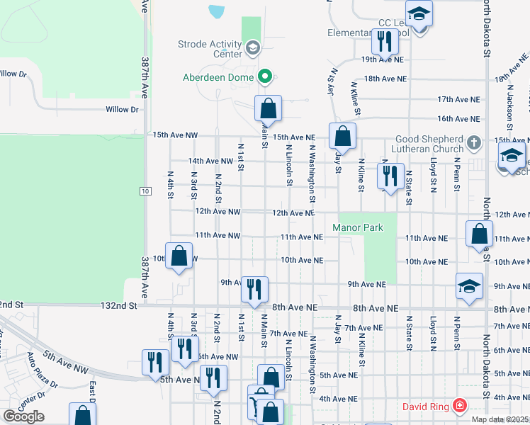 map of restaurants, bars, coffee shops, grocery stores, and more near 1201 North Main Street in Aberdeen