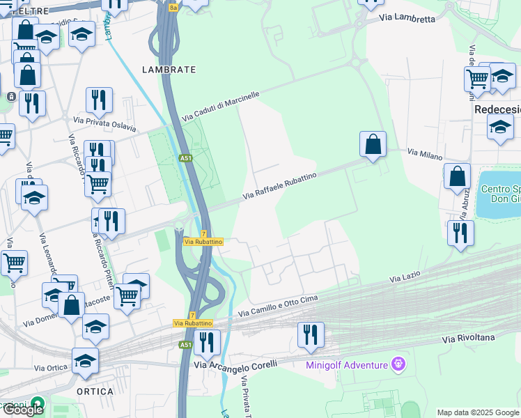 map of restaurants, bars, coffee shops, grocery stores, and more near 84 Via Raffaele Rubattino in Milano