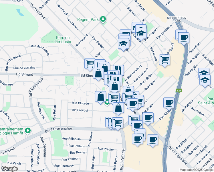 map of restaurants, bars, coffee shops, grocery stores, and more near 2015 Avenue Victoria in Saint-Lambert