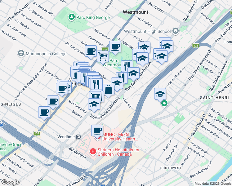 map of restaurants, bars, coffee shops, grocery stores, and more near 288 Avenue Grosvenor in Westmount