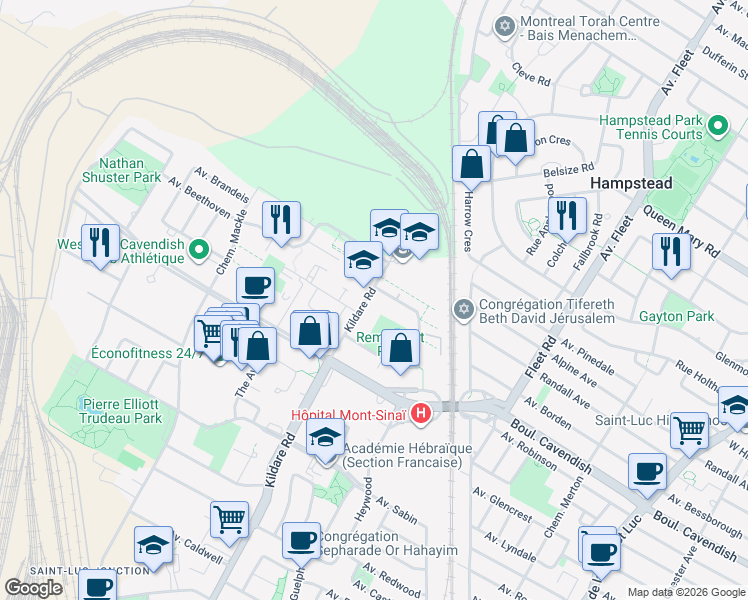 map of restaurants, bars, coffee shops, grocery stores, and more near 6562 Chemin Kildare in Côte Saint-Luc
