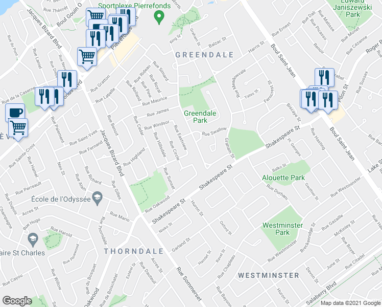 map of restaurants, bars, coffee shops, grocery stores, and more near 14824 Rue Elmwood in Montréal