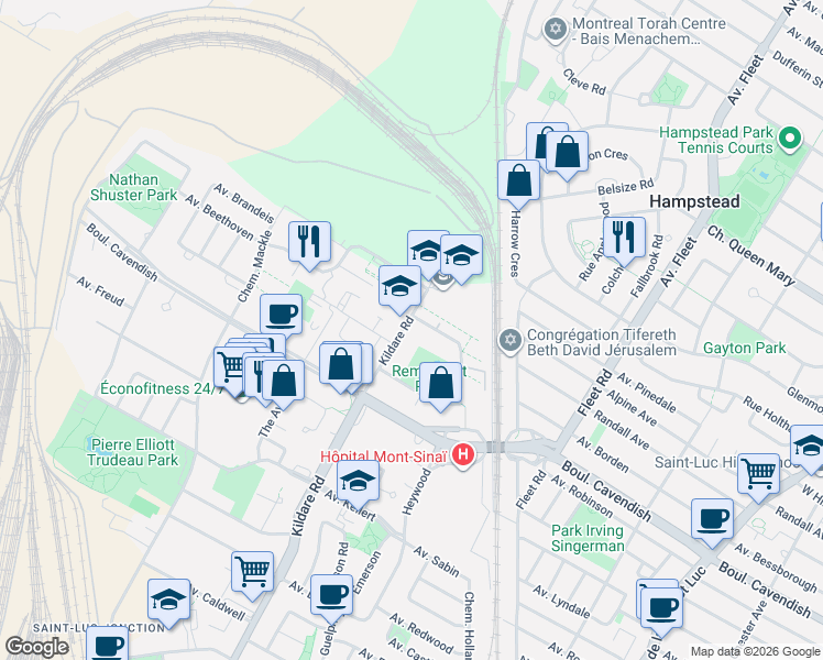 map of restaurants, bars, coffee shops, grocery stores, and more near 6562 Chemin Kildare in Côte Saint-Luc