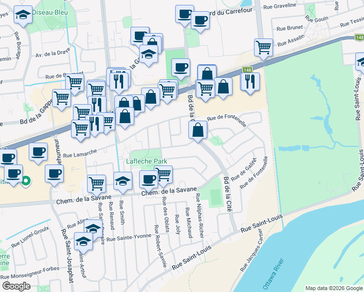 map of restaurants, bars, coffee shops, grocery stores, and more near Rue de Lausanne in Gatineau