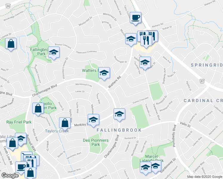 map of restaurants, bars, coffee shops, grocery stores, and more near 939 Como Crescent in Ottawa