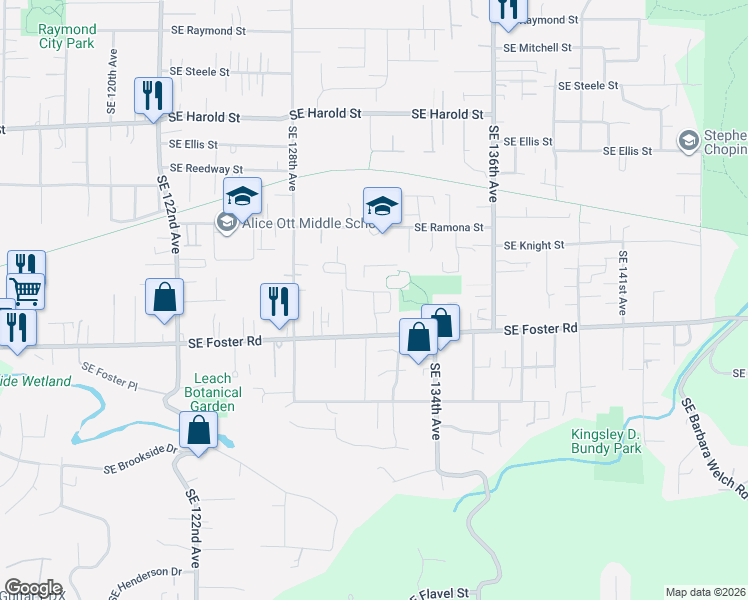 map of restaurants, bars, coffee shops, grocery stores, and more near 13115 Southeast Foster Road in Portland