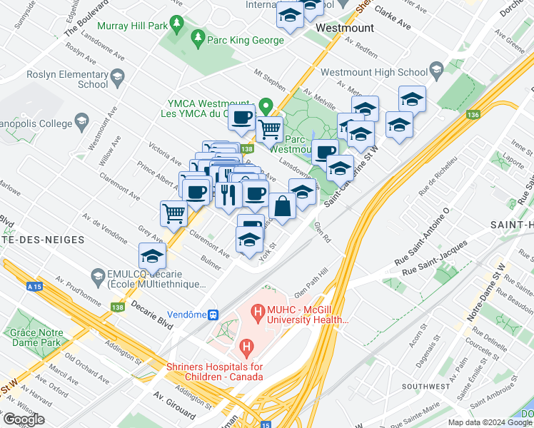 map of restaurants, bars, coffee shops, grocery stores, and more near 4855 Boulevard De Maisonneuve Ouest in Westmount