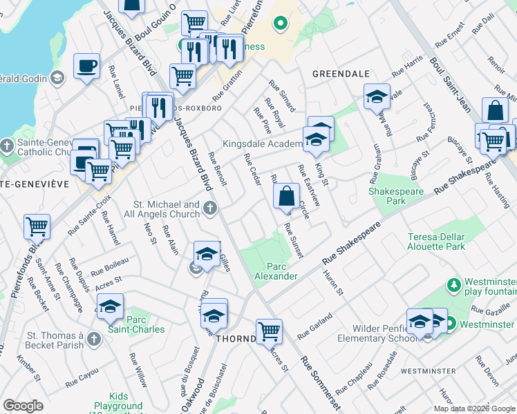 map of restaurants, bars, coffee shops, grocery stores, and more near 14898 Rue Highland in Montréal