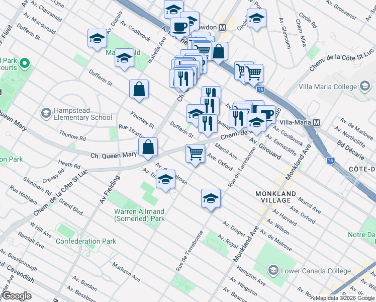 map of restaurants, bars, coffee shops, grocery stores, and more near 4855 Avenue Harvard in Montréal