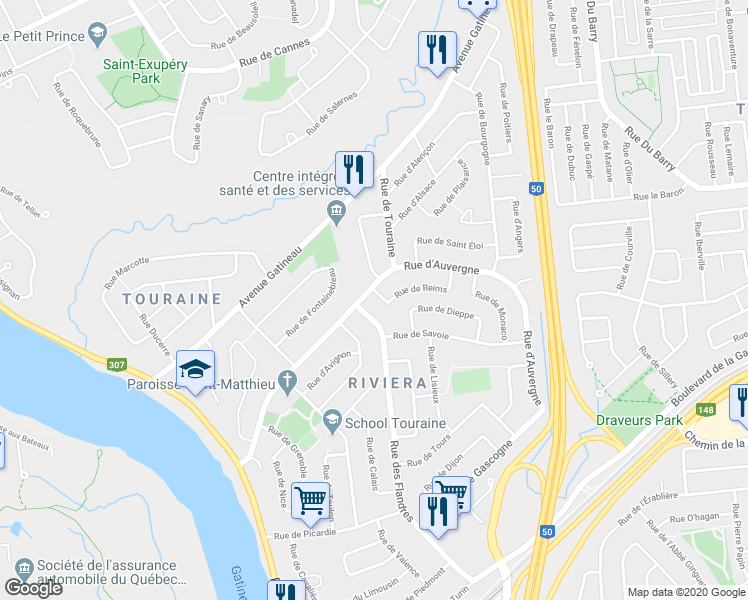 map of restaurants, bars, coffee shops, grocery stores, and more near 2 Rue de Reims in Gatineau