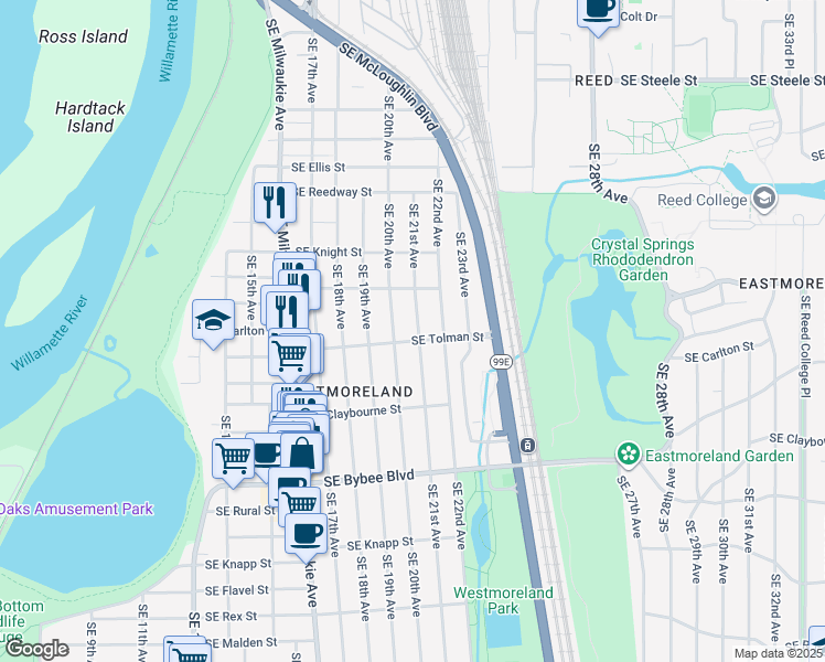 map of restaurants, bars, coffee shops, grocery stores, and more near 6213 Southeast 21st Avenue in Portland