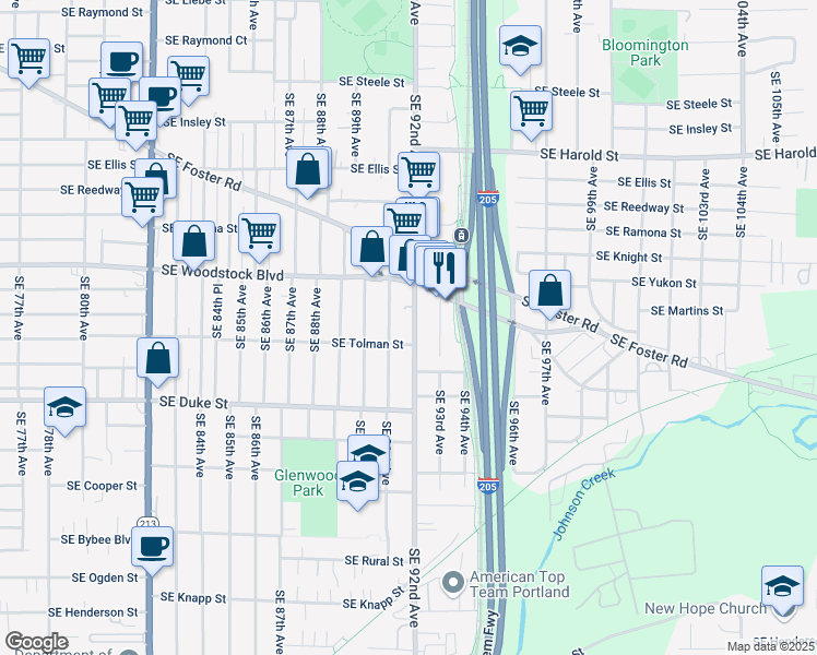 map of restaurants, bars, coffee shops, grocery stores, and more near 6032 Southeast 91st Avenue in Portland