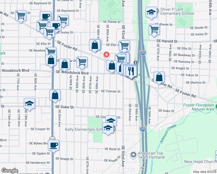 map of restaurants, bars, coffee shops, grocery stores, and more near 6109 Southeast 90th Avenue in Portland