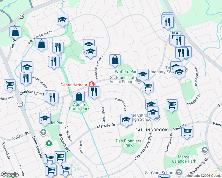 map of restaurants, bars, coffee shops, grocery stores, and more near 697 Levac Drive in Ottawa