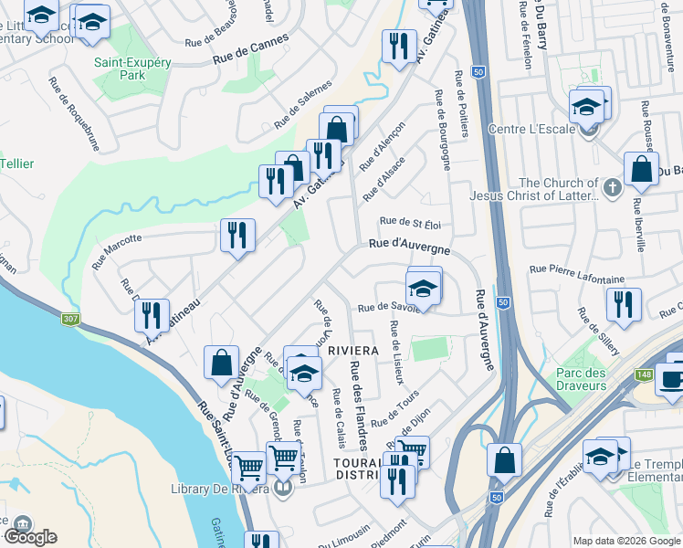 map of restaurants, bars, coffee shops, grocery stores, and more near 2 Rue de Reims in Gatineau