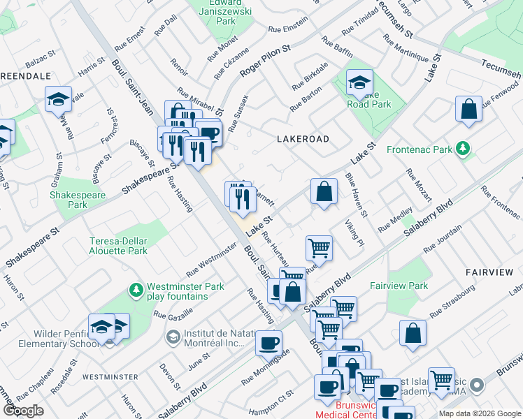 map of restaurants, bars, coffee shops, grocery stores, and more near 80 Rue Barnett in Dollard-des-Ormeaux