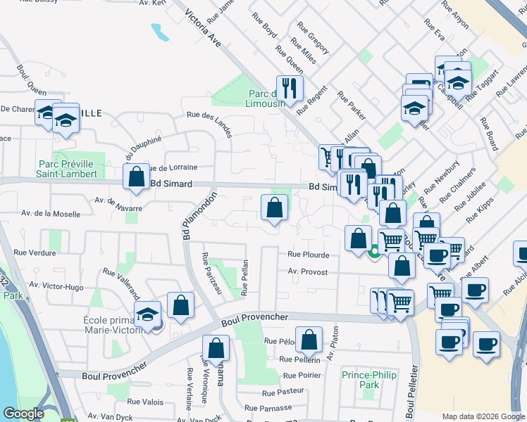 map of restaurants, bars, coffee shops, grocery stores, and more near 104 Place de Fontainebleau in Saint-Lambert