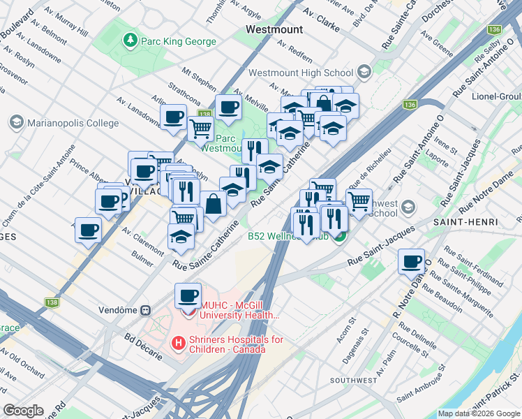 map of restaurants, bars, coffee shops, grocery stores, and more near 4700 Sainte-Catherine Street West in Westmount