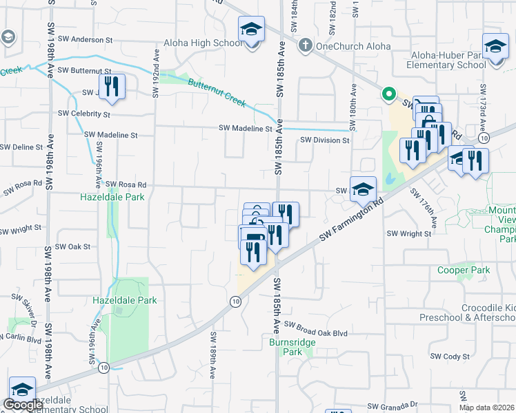 map of restaurants, bars, coffee shops, grocery stores, and more near 5705 Southwest 185th Avenue in Beaverton