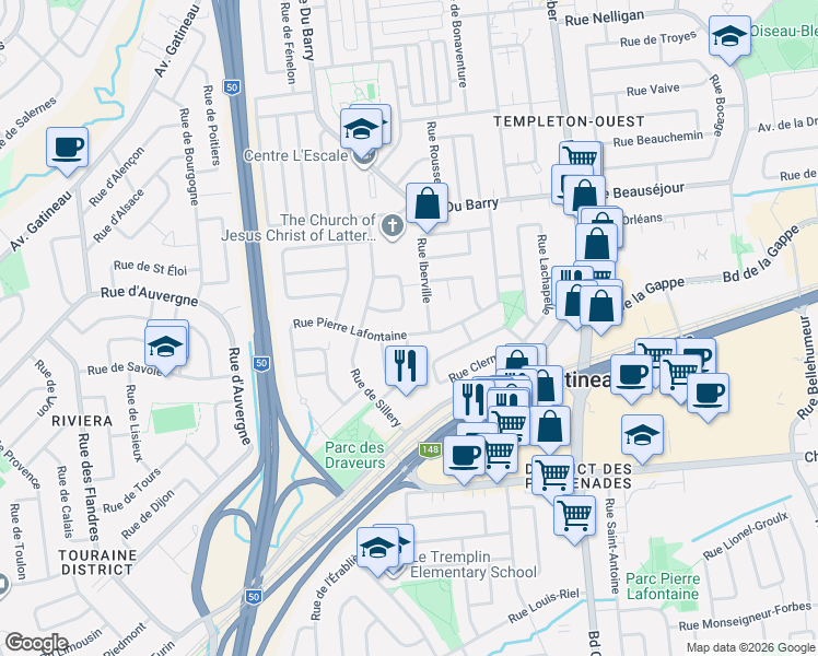 map of restaurants, bars, coffee shops, grocery stores, and more near 407 Rue Pierre Lafontaine in Gatineau