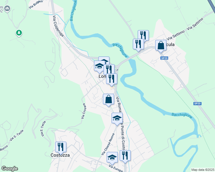 map of restaurants, bars, coffee shops, grocery stores, and more near 86 Via Roma in Longare