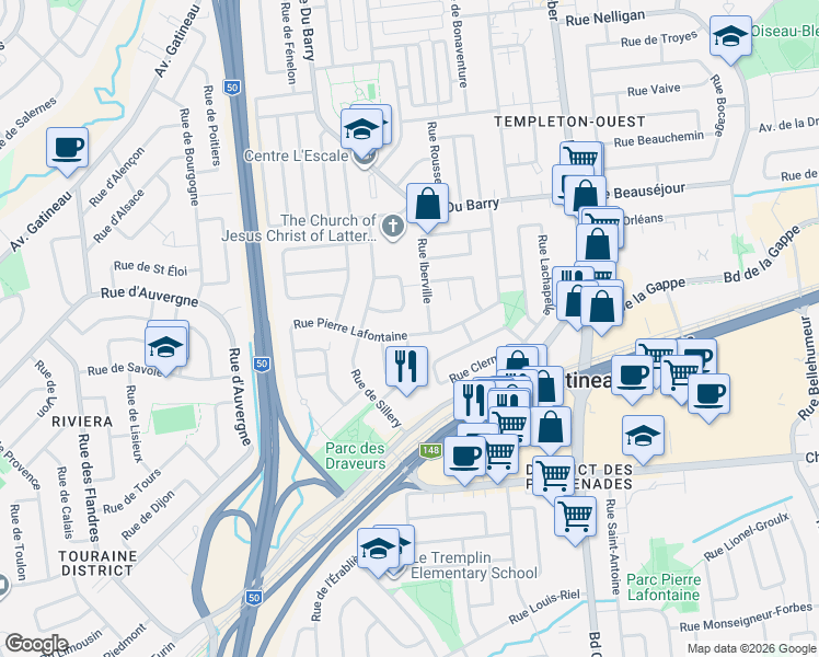 map of restaurants, bars, coffee shops, grocery stores, and more near 407 Rue Pierre Lafontaine in Gatineau