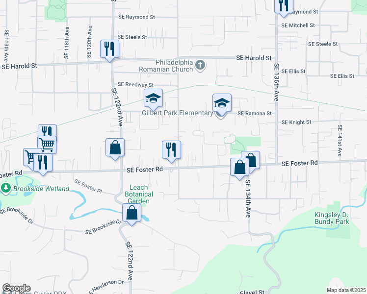 map of restaurants, bars, coffee shops, grocery stores, and more near 6028 Southeast 128th Avenue in Portland