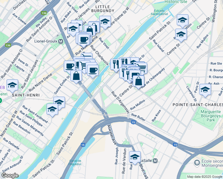 map of restaurants, bars, coffee shops, grocery stores, and more near 1331 Rue D'Argenson in Montréal