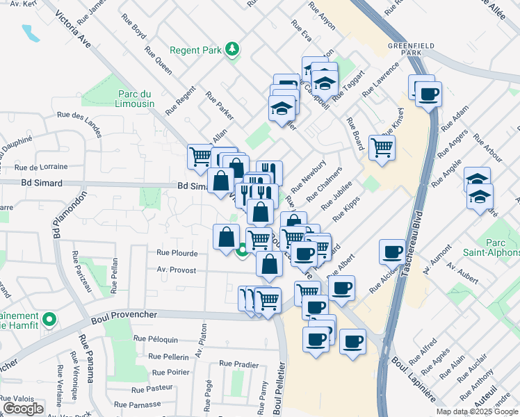 map of restaurants, bars, coffee shops, grocery stores, and more near 2015 Avenue Victoria in Saint-Lambert