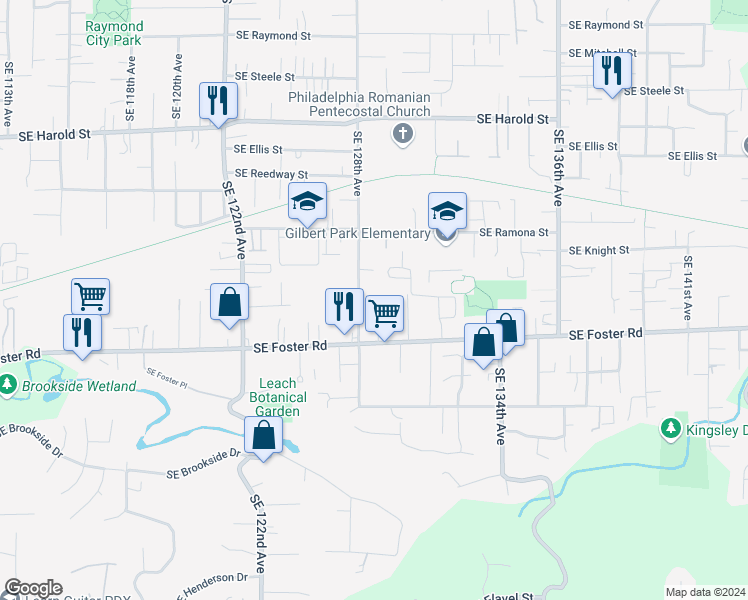 map of restaurants, bars, coffee shops, grocery stores, and more near 6028 Southeast 128th Avenue in Portland