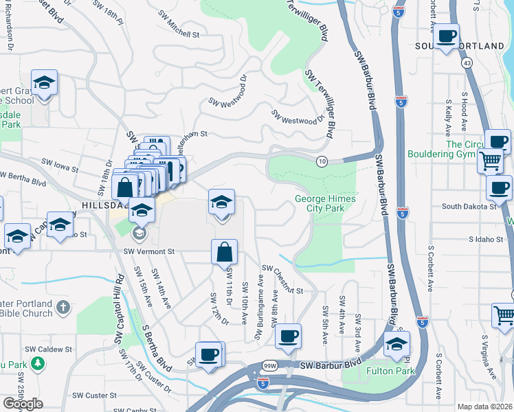 map of restaurants, bars, coffee shops, grocery stores, and more near 6310 Southwest Burlingame Avenue in Portland