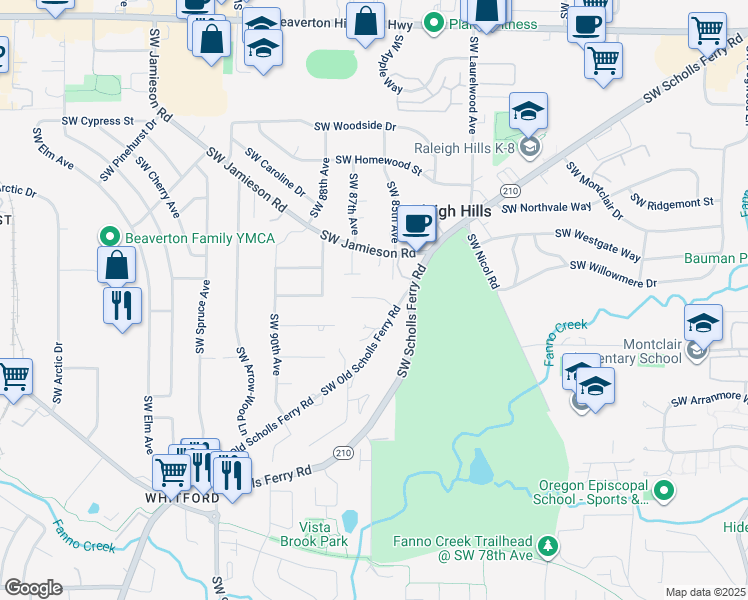 map of restaurants, bars, coffee shops, grocery stores, and more near 8500 Southwest Jamieson Road in Portland