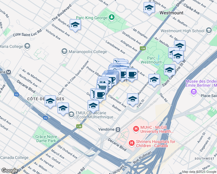 map of restaurants, bars, coffee shops, grocery stores, and more near 420 Prince Albert Avenue in Westmount