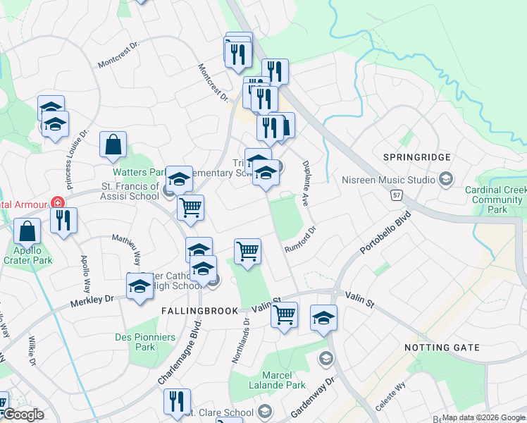 map of restaurants, bars, coffee shops, grocery stores, and more near 1033 Como Crescent in Ottawa